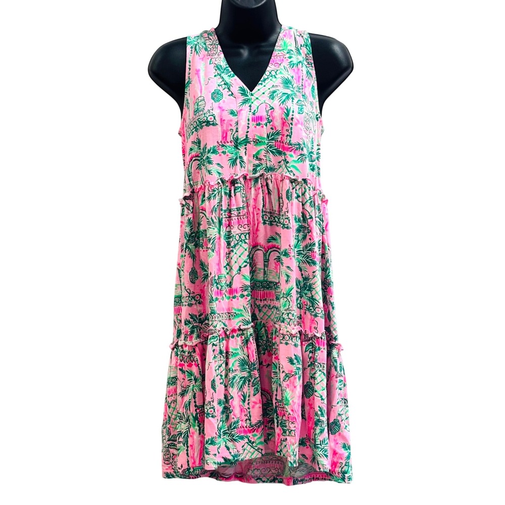 Lilly Pulitzer Etta V-Neck Tiered Dress Pink Green Tropical Palm XXS Cotton